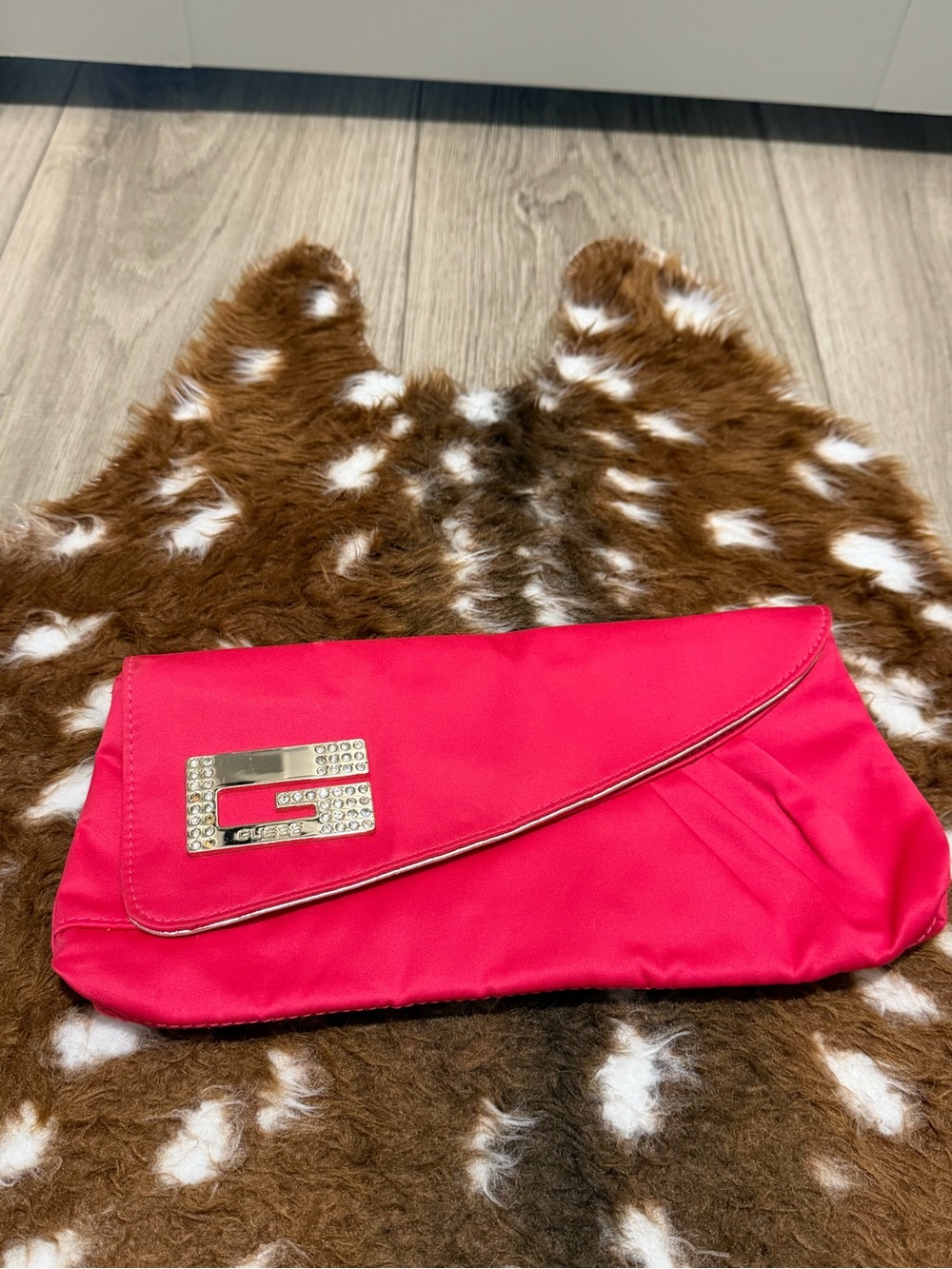 Guess Hot Pink Satin Clutch with Decorative Rhinestone Accent